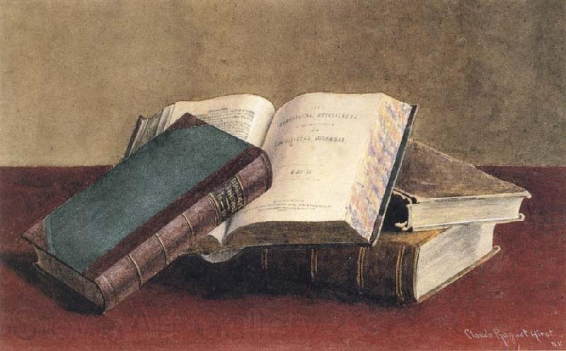 Hirst, Claude Raguet Unidentified Open Book Propped against Two Stacked Volumes,with Red Background France oil painting art